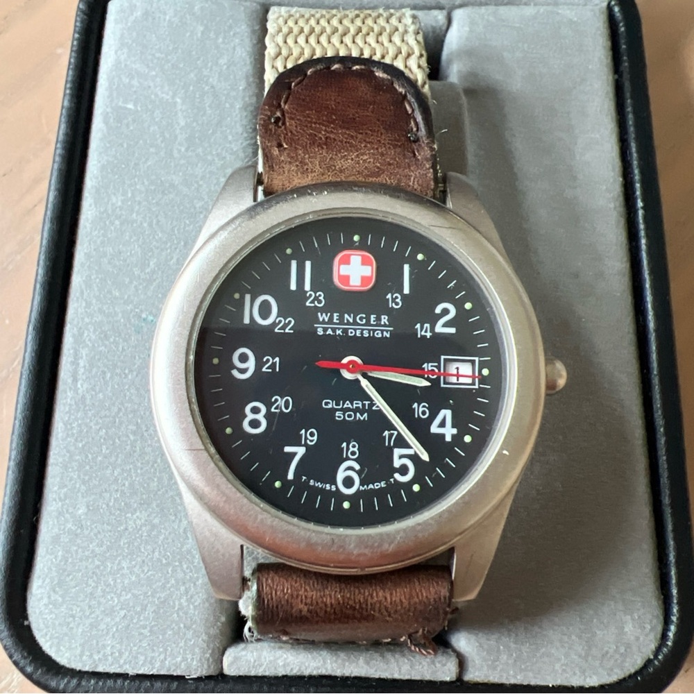 Wenger Black Dial Field Watch with Brown Leather Strap and Red Accent working!